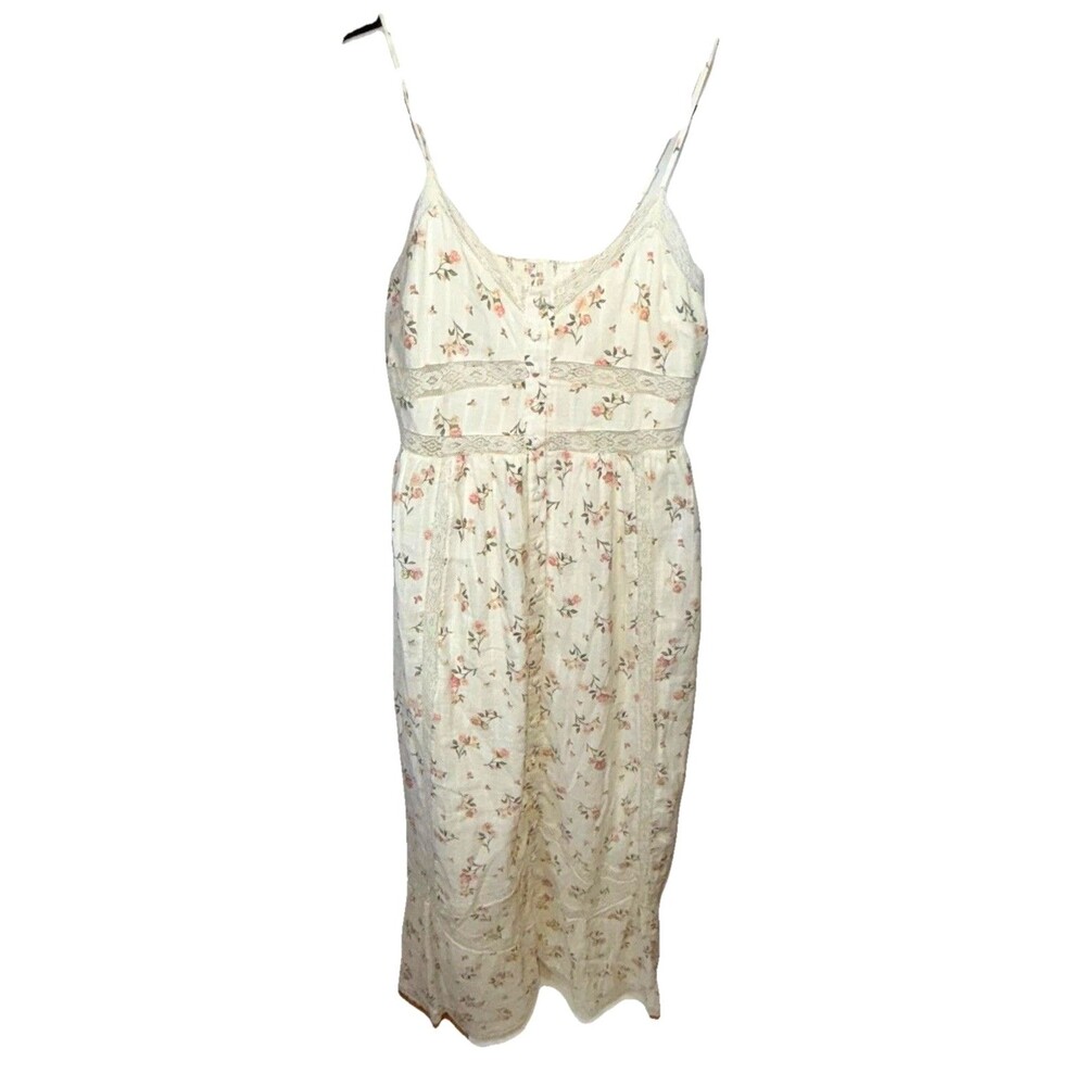 Floral Babydoll Maxi Dress Button Front Lace Ruffle Cottagecore Lined Stretch Ba - Picture 2 of 10